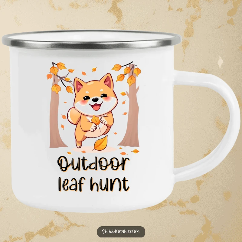 Funny camping mug featuring a Shiba Inu playfully pouncing on an autumn leaf, perfect for outdoor enthusiasts who love fall.