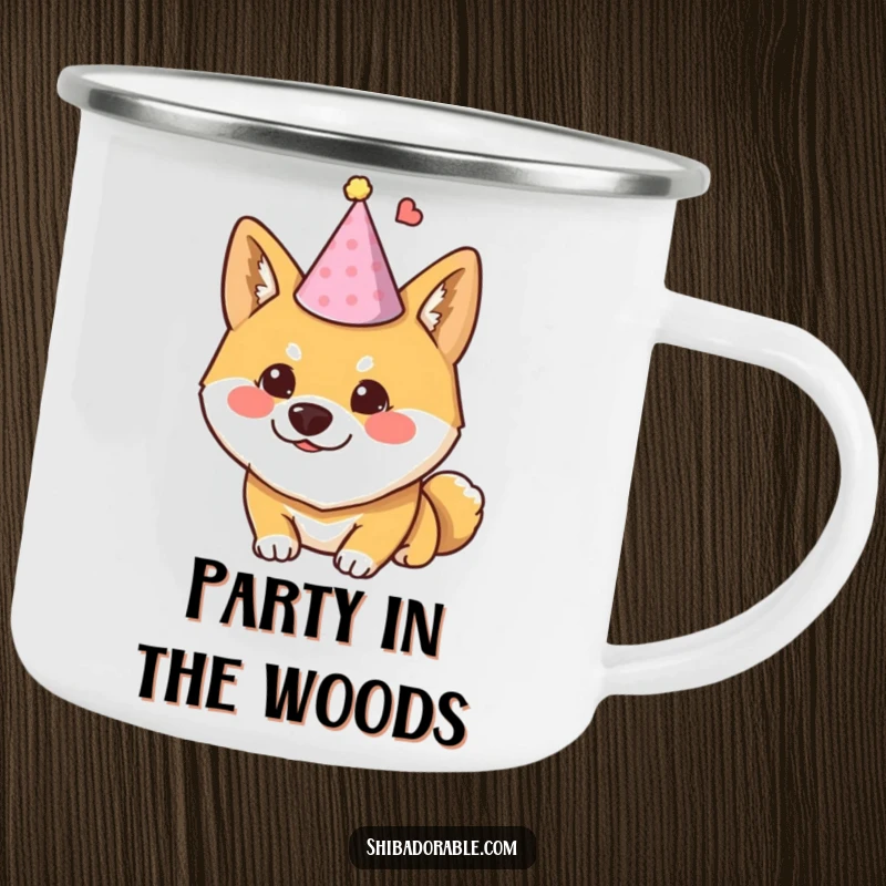 Funny Shiba Inu camping mug depicting a dog wearing a tiny party hat and looking mischievous, ideal for outdoor fun.