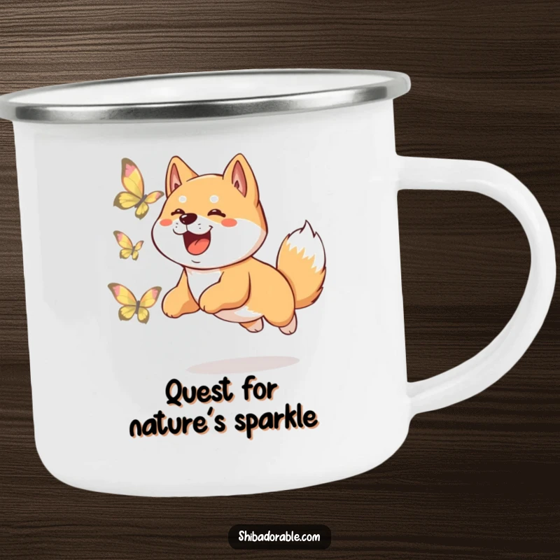 Funny Shiba Inu camping mug showing a happy dog leaping with excitement while chasing a shimmering butterfly in an outdoor setting.