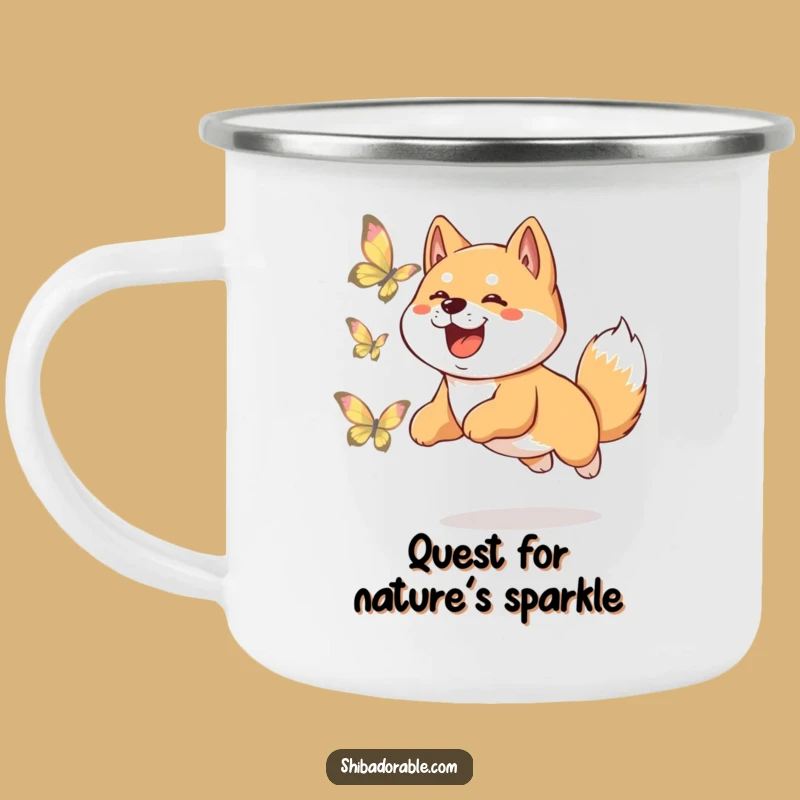 Funny Shiba Inu Camping Mug: Adventure Pup's Butterfly Chase, Durable Outdoor Gift