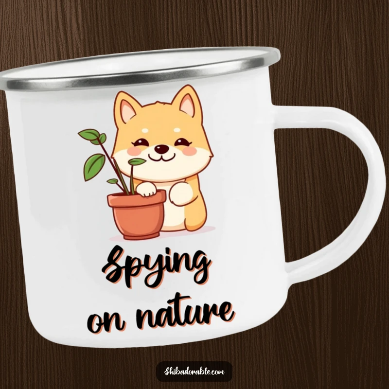 Funny Shiba Inu camping mug showing a dog with a mischievous grin peeking from behind a potted plant, ready for outdoor fun.