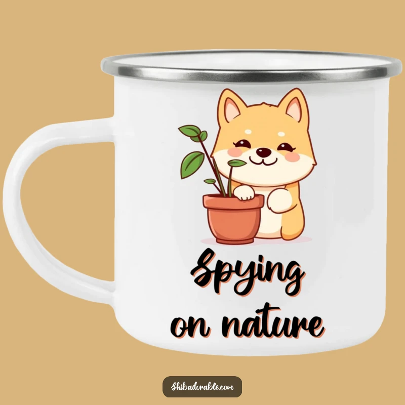 Funny Shiba Inu Camping Mug: Mischief Pup's Peek Adventure, Durable Outdoor Gift