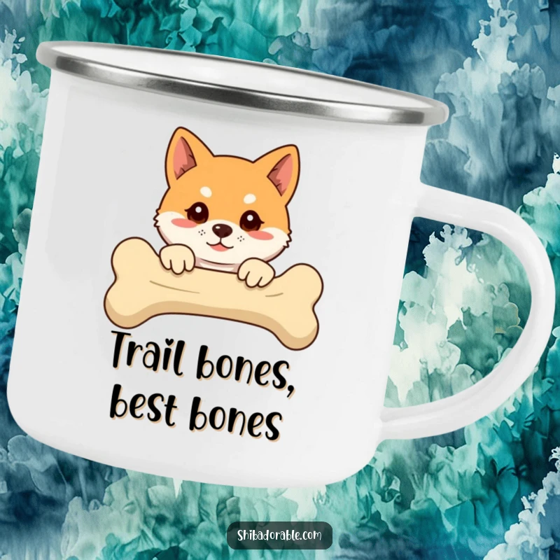 Funny Shiba Inu camping mug with a floppy-eared dog peeking over a bone, perfect for outdoor fun.