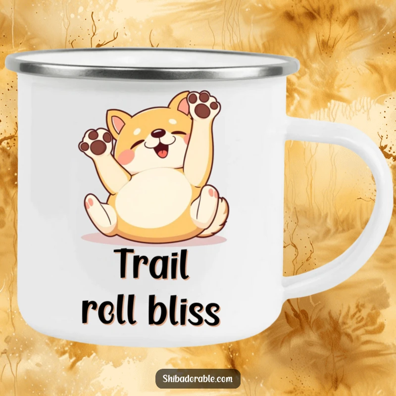Funny Camping Mug featuring a happy Shiba Inu dog rolling on its back with paws in the air, ideal for outdoor enthusiasts.