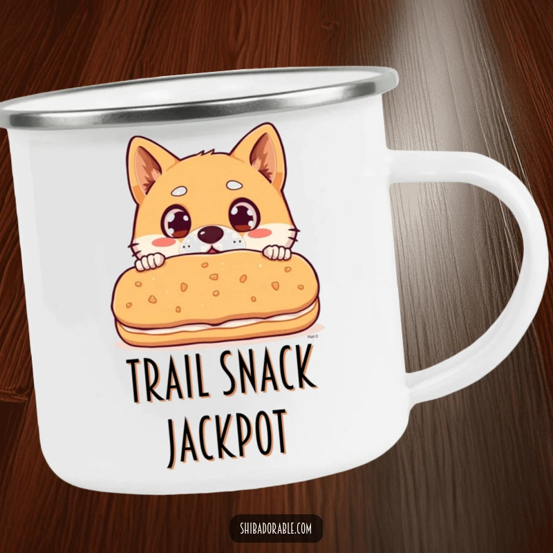 Funny Shiba Inu dog with wide surprised eyes peeking over a giant biscuit, a durable and humorous outdoor mug.