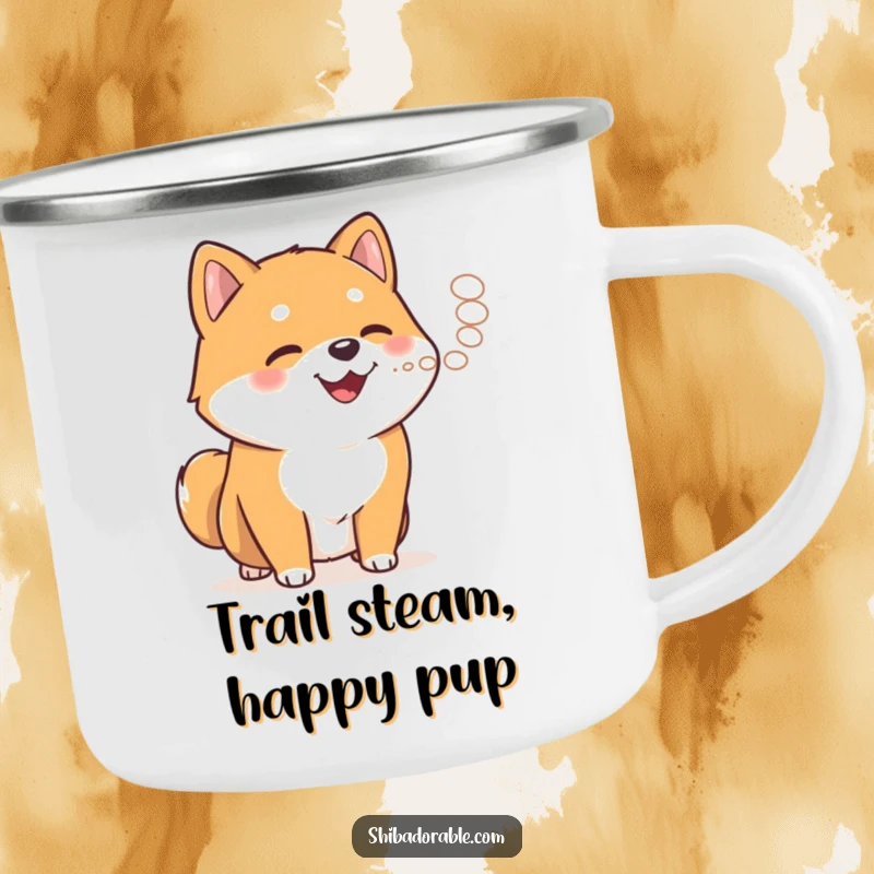 Funny Shiba Inu exhaling steam on a camping mug, perfect for warm beverages during outdoor adventures.