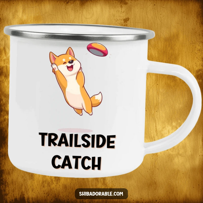 Funny Shiba Inu Camping Mug: Sturdy enamel cup featuring an energetic dog leaping to catch a frisbee during outdoor fun.