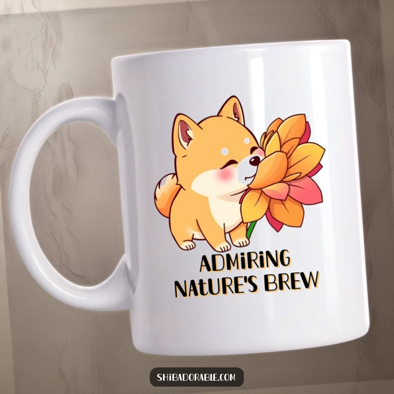 Funny Shiba Inu Mug: A Shiba Inu with perked ears curiously sniffs a giant, vibrant flower, its expression full of gentle interest.