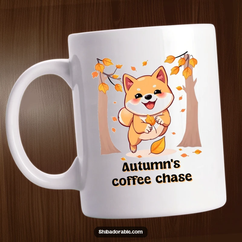 Funny mug featuring an energetic Shiba Inu playfully pouncing on a colorful falling autumn leaf, capturing pure seasonal joy.