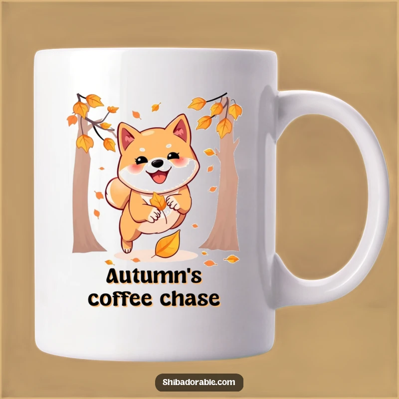 Funny Shiba Inu Autumn Mug: Playful Leaf Pounce, Perfect Fall Funny Gift