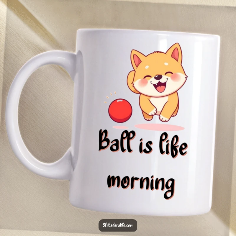 Funny Kawaii Shiba Inu puppy mug, joyfully chasing a bright red ball with exaggerated cute features and a happy expression.