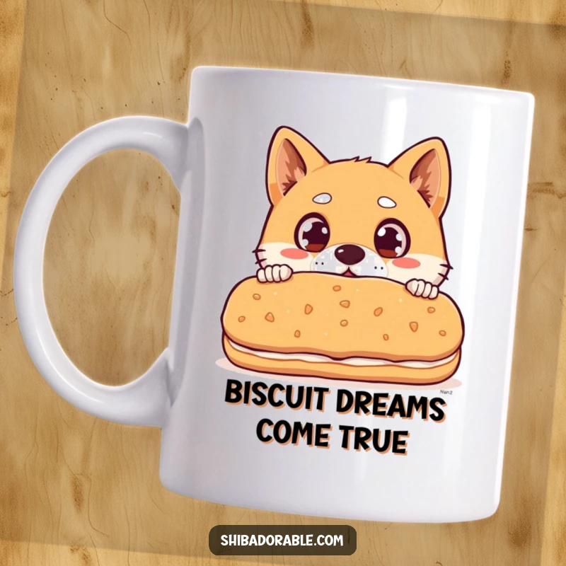 Funny Shiba Inu dog with wide surprised eyes peeking over a giant biscuit, a hilarious pet mug.
