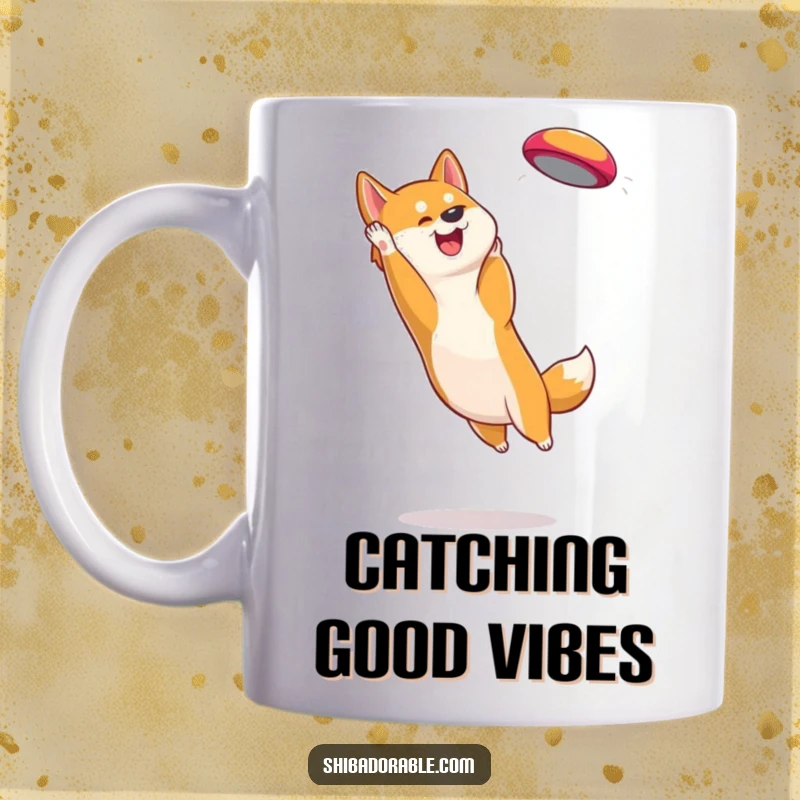 Funny Shiba Inu Mug: Adorable dog with perked ears joyfully catching a colorful frisbee mid-flight in a playful moment.