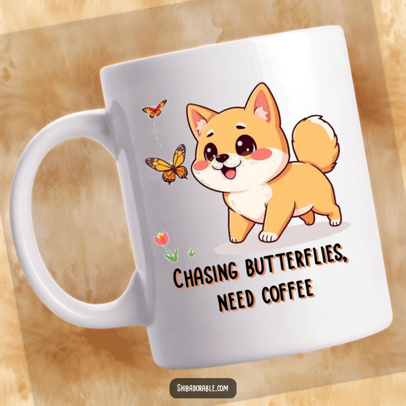 Funny Shiba Inu Mug: A curious Shiba Inu with big eyes joyfully chases a colorful butterfly through a sunny meadow.
