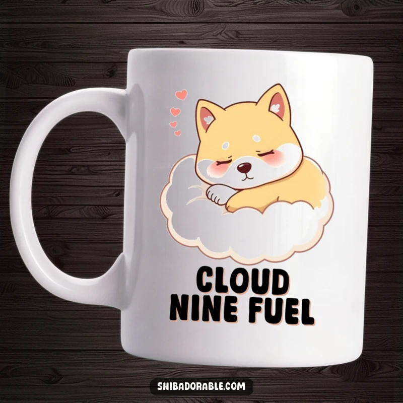 Funny Shiba Inu Cloud Mug featuring a content, sleeping Shiba Inu dog resting peacefully on a soft, fluffy cloud.