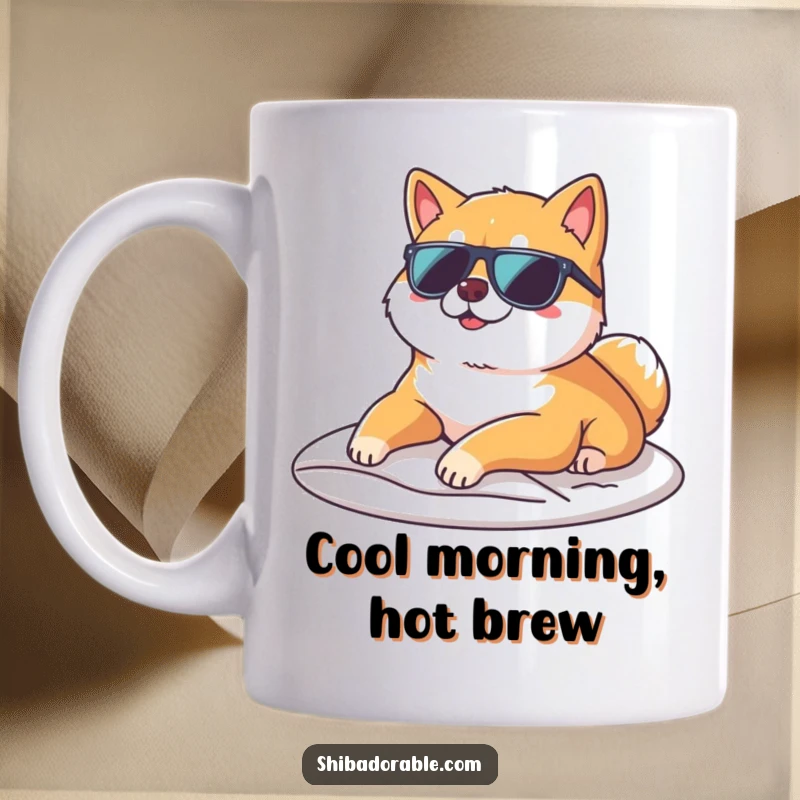Funny Shiba Inu wearing sunglasses, lounging coolly on a sunbeam, depicted on a mug for dog lovers.