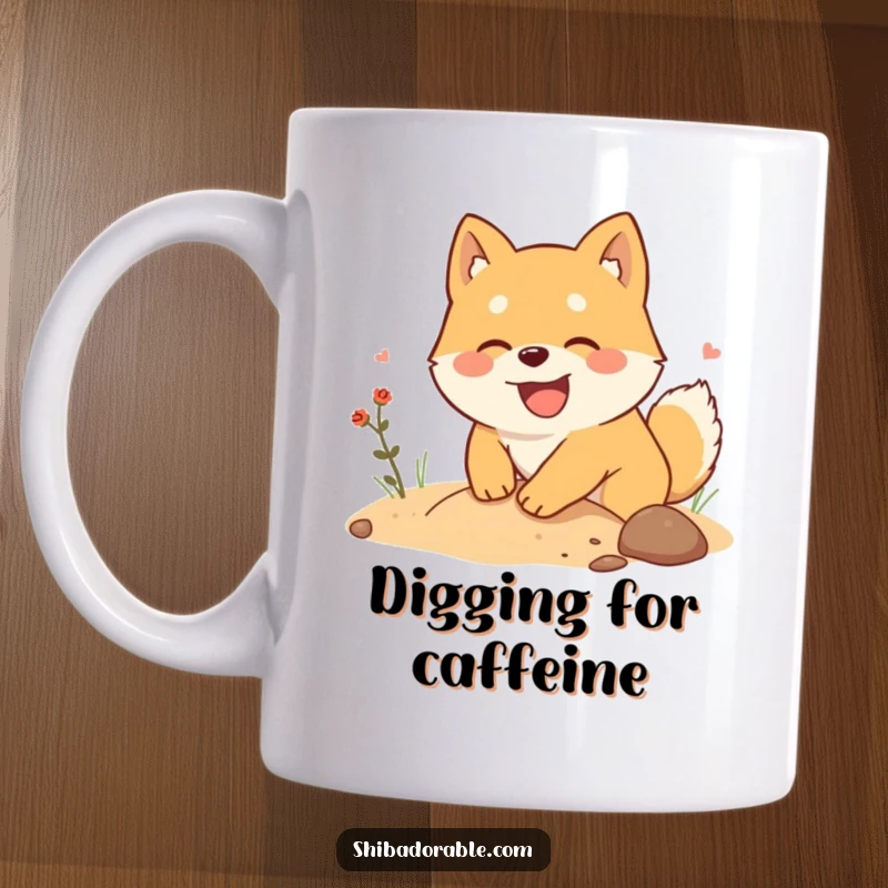 Funny Shiba Inu Mug: A Shiba Inu joyfully digs the ground, a hilarious depiction of searching for imaginary treasure.