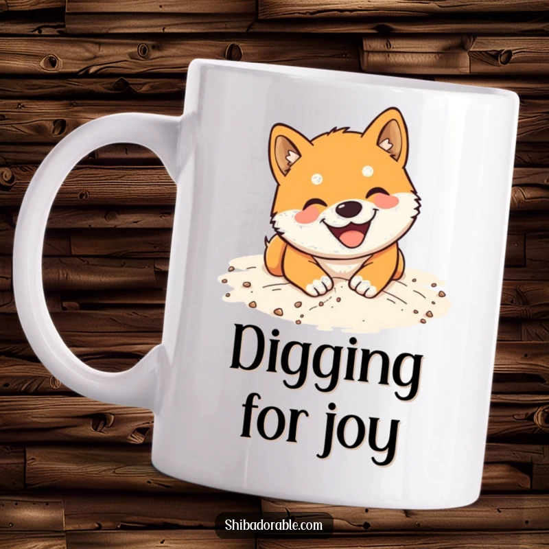 Funny Shiba Inu Mug: Adorable smiling dog with ears back, enthusiastically digging a hole in soft sand at the beach.