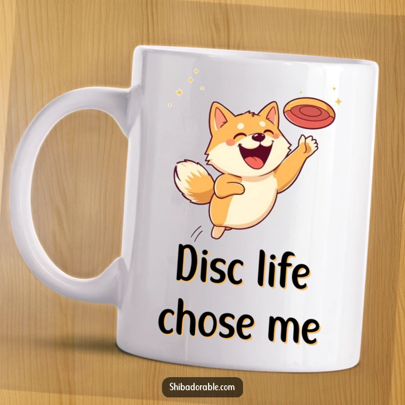 Funny Shiba Inu mug showing a dog with a huge grin leaping high in the air to catch a flying disc, perfect for dog lovers.