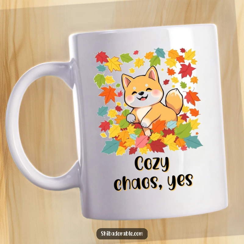 Funny Shiba Inu dog happily tumbling in a pile of vibrant autumn leaves, depicted in a cozy mug design for dog lovers.