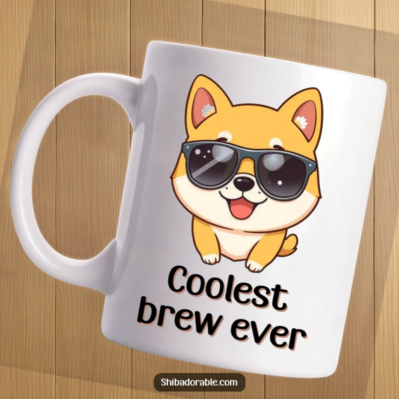 Funny Shiba Inu dog wearing cool sunglasses and playfully winking, depicted in a stylish mug design for dog lovers.