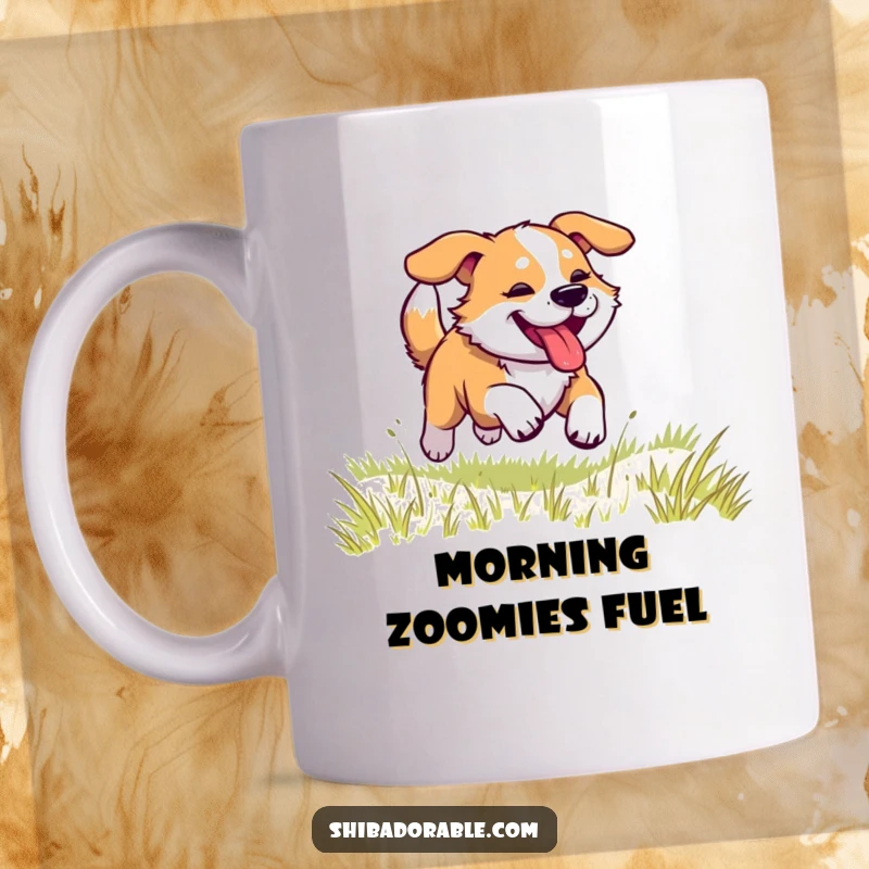 Funny dog mug showing a happy, panting dog with legs kicking wildly as it races across a green grassy field.