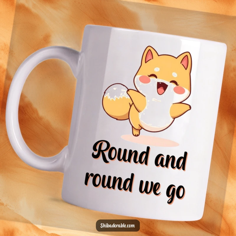 Funny happy Shiba Inu dog mug, playfully spinning in a circle while chasing its wagging tail, radiating pure joy.