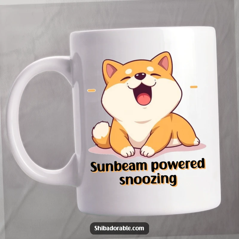 Funny mug showing a yawning Shiba Inu dog stretching luxuriously in a warm sunbeam, embodying pure relaxation and comfort.
