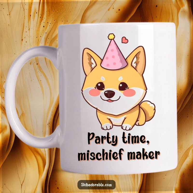 Funny Shiba Inu mug showing a dog wearing a tiny party hat and looking mischievous, ready for fun.