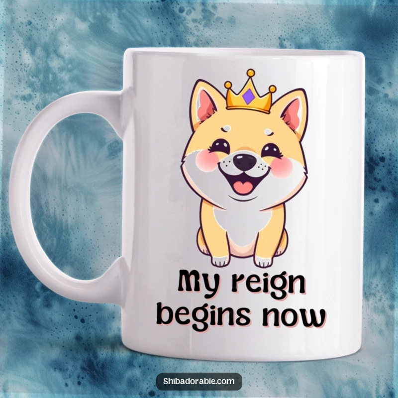 Funny Shiba Inu dog wearing a tiny golden crown, barking happily, on a white ceramic mug, ready to bring joy and laughter.