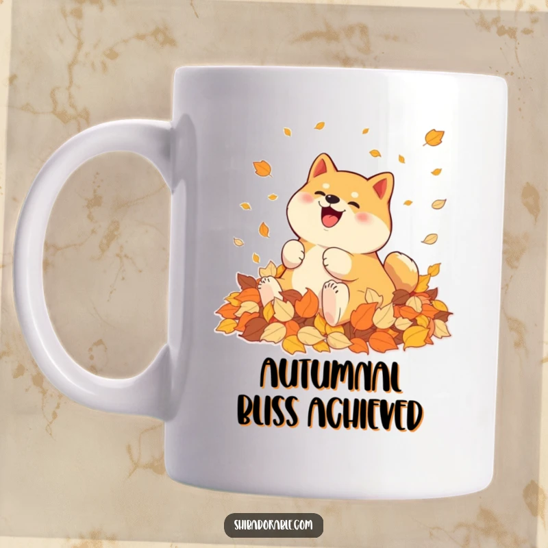 Funny Shiba Inu Mug: A Shiba Inu joyfully rolls in a pile of colorful autumn leaves, pure bliss on its face.