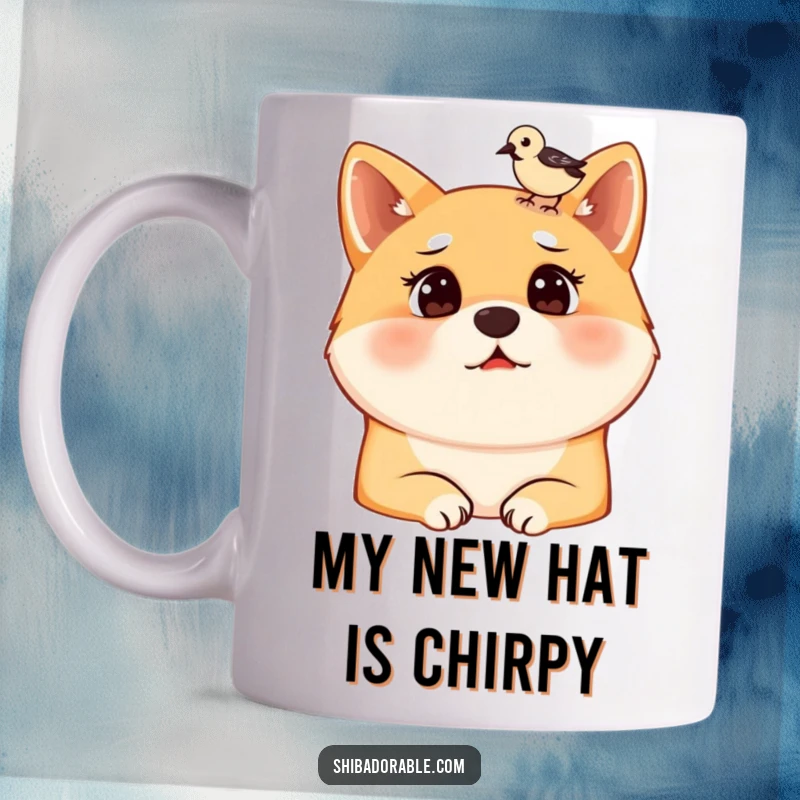 Funny mug featuring a surprised Shiba Inu with a small bird perched comically on its head, embodying unexpected, lighthearted moments.