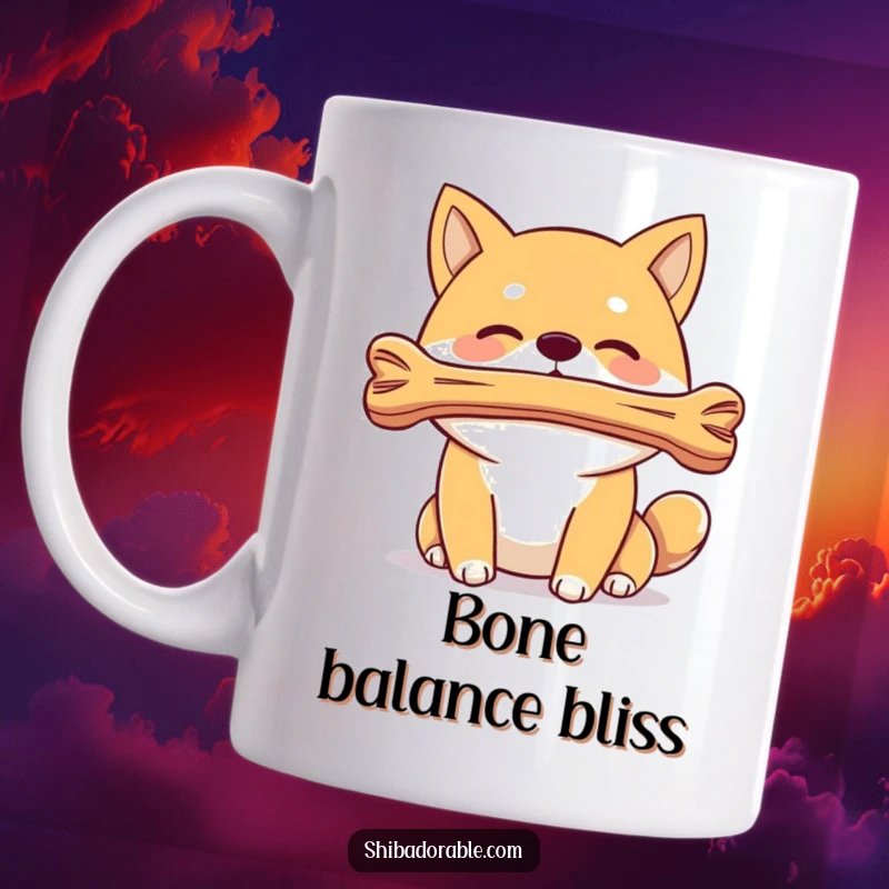 Funny Shiba Inu dog skillfully balancing a bone on its nose, featured on a coffee mug for a humorous start to the day.