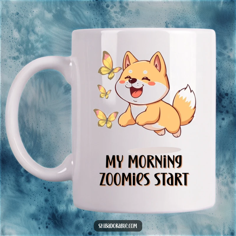 Funny Shiba Inu mug showing a happy dog mid-leap, enthusiastically chasing a delicate, shimmering butterfly with a playful expression.