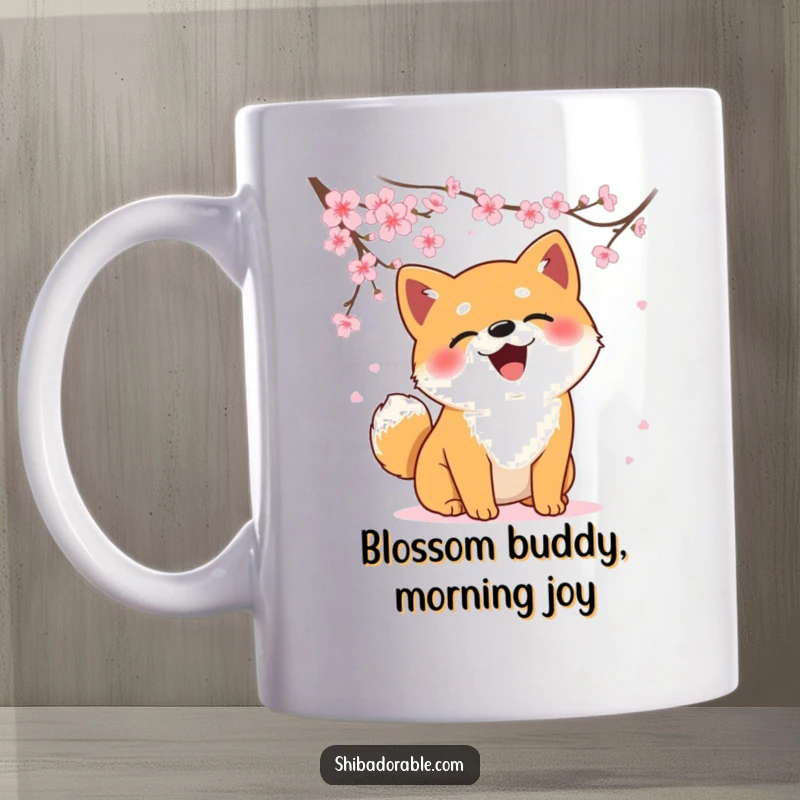 Funny Shiba Inu mug shows a dog leaping to catch falling cherry blossoms, capturing a moment of energetic fun.