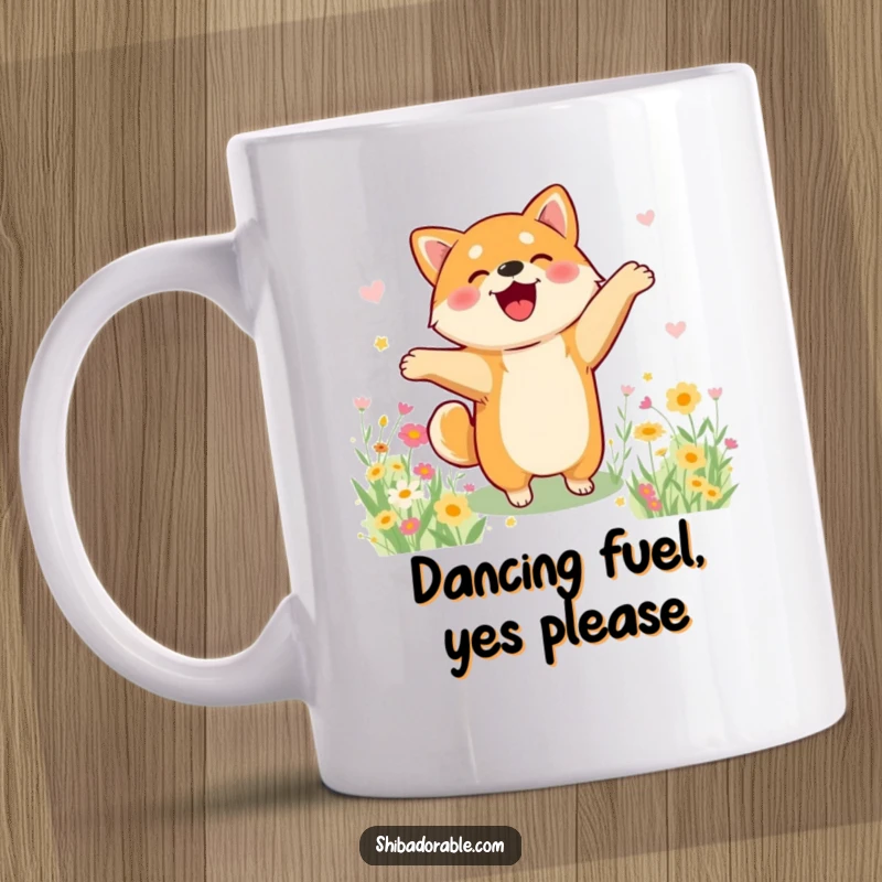 Funny Shiba Inu mug shows a dog doing a silly happy dance amidst a vibrant field of flowers, exuding pure joy.