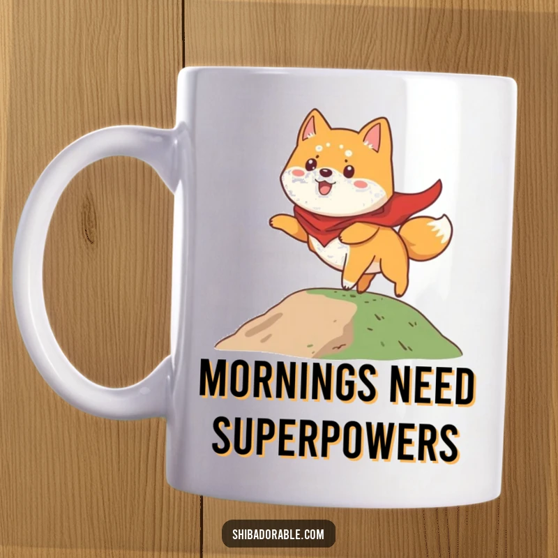 Funny Shiba Inu mug showing a determined dog wearing a cape, attempting to fly from a small hill with a hopeful expression.