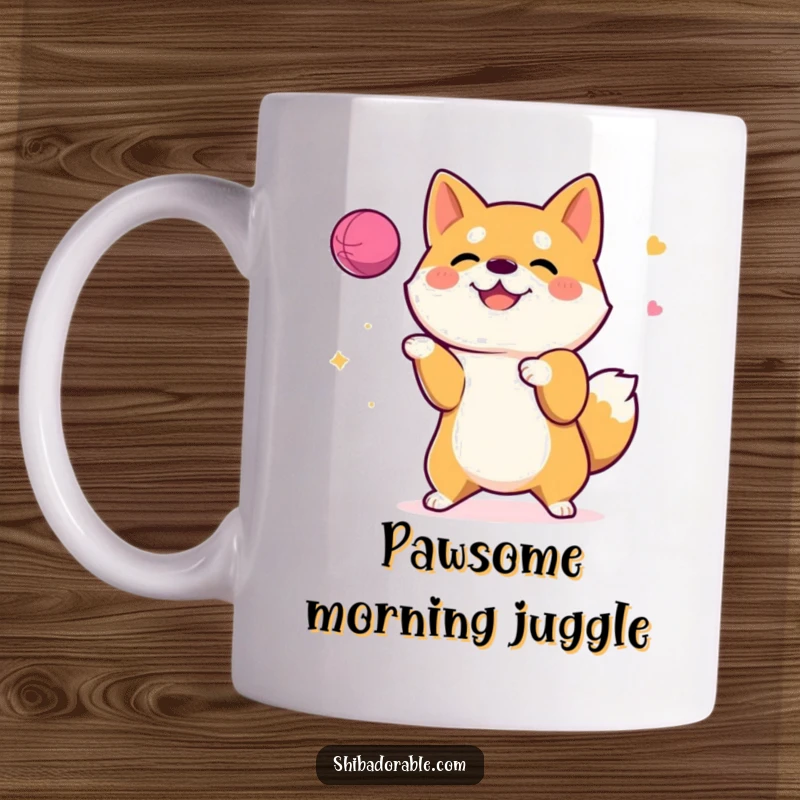 Funny Mug featuring a cheerful Shiba Inu dog energetically juggling a colorful ball with its front paws in delight.