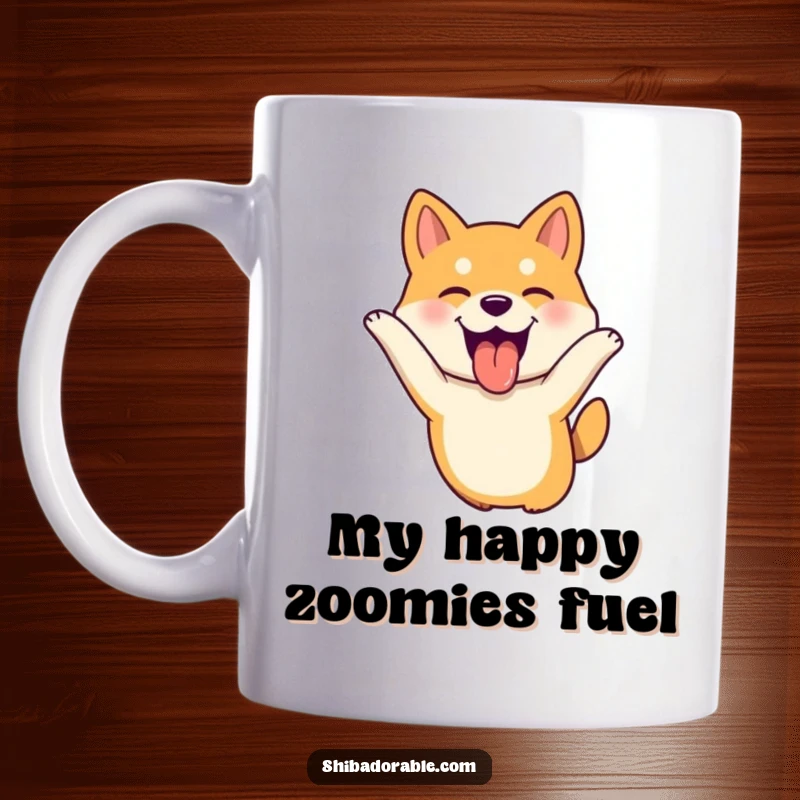 Funny Shiba Inu dog leaping with tongue out, ears flopping joyfully, a hilarious pet mug for gift.