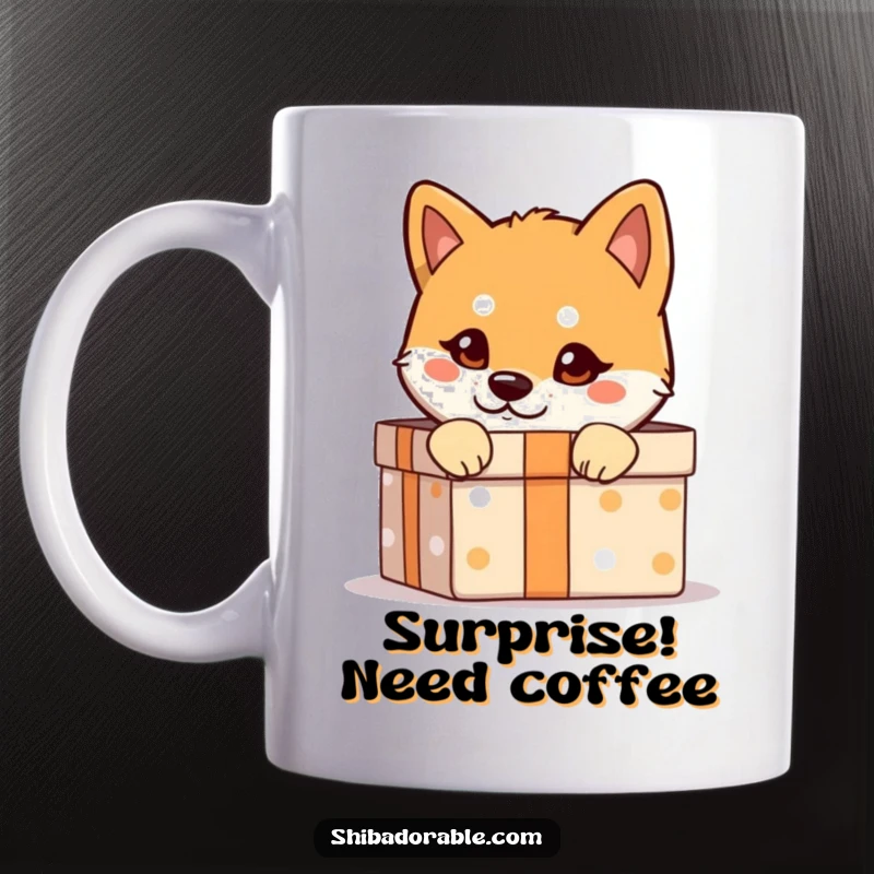 Funny Shiba Inu Mug: A Shiba Inu with a mischievous glint peeks from a gift box, a hilarious surprise.