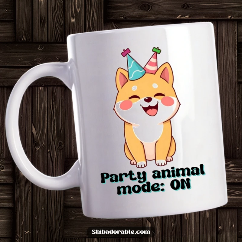Funny Shiba Inu mug with a party hat, joyfully wagging its tail, ready for a hilarious celebration, perfect gift.