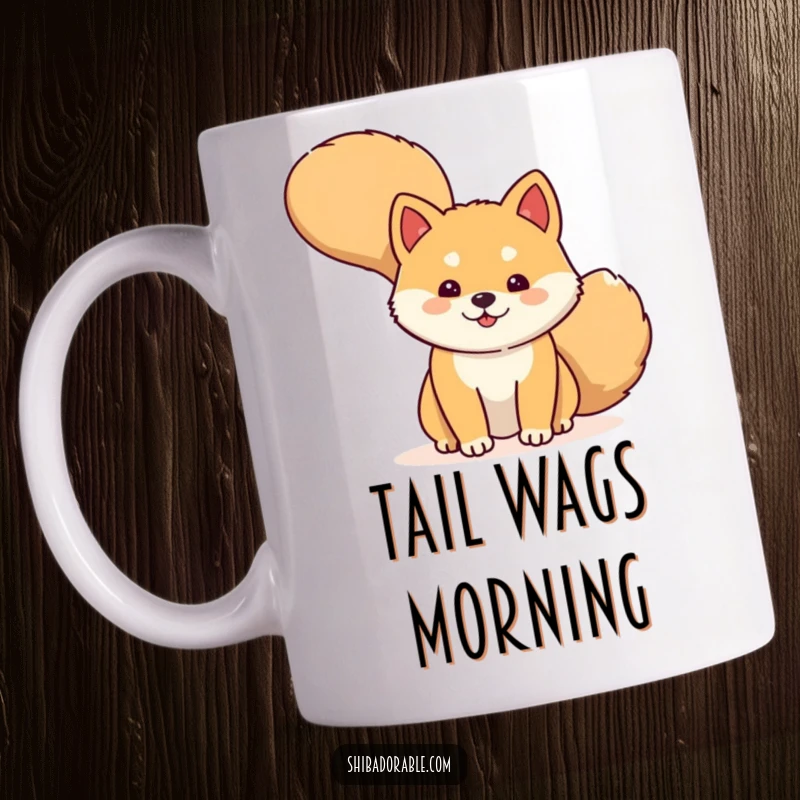 Funny Mug featuring a cute Shiba Inu dog peeking shyly from behind its own large, wagging tail.