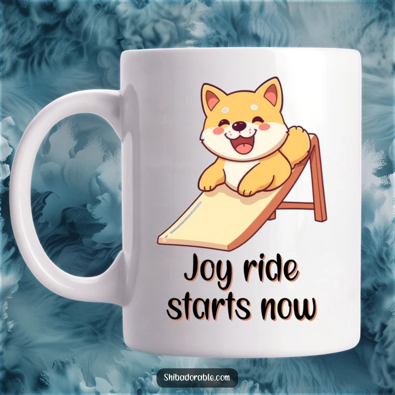 Funny Shiba Inu dog with a big smile joyfully sliding down a playground slide, captured in a delightful mug design.