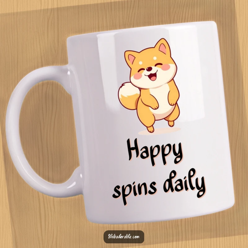 Funny Shiba Inu mug showing a dog happily spinning in a circle with its tail wagging furiously, perfect for dog lovers.