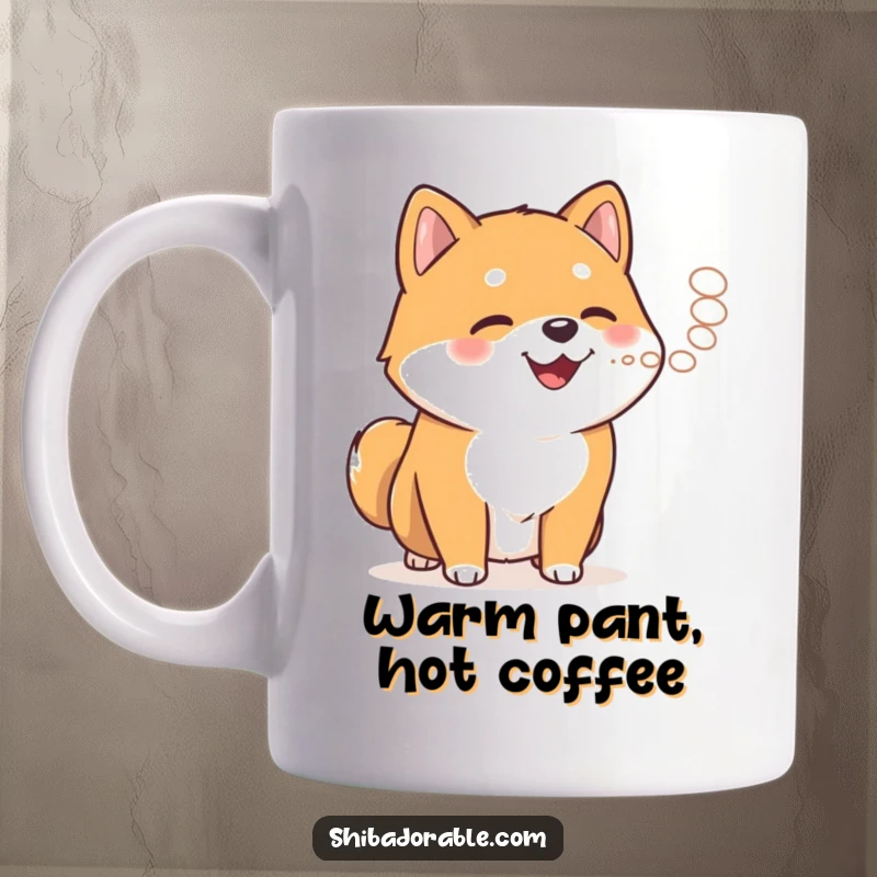 Funny happy Shiba Inu panting and exhaling a puff of steam, depicted on a mug for dog enthusiasts.