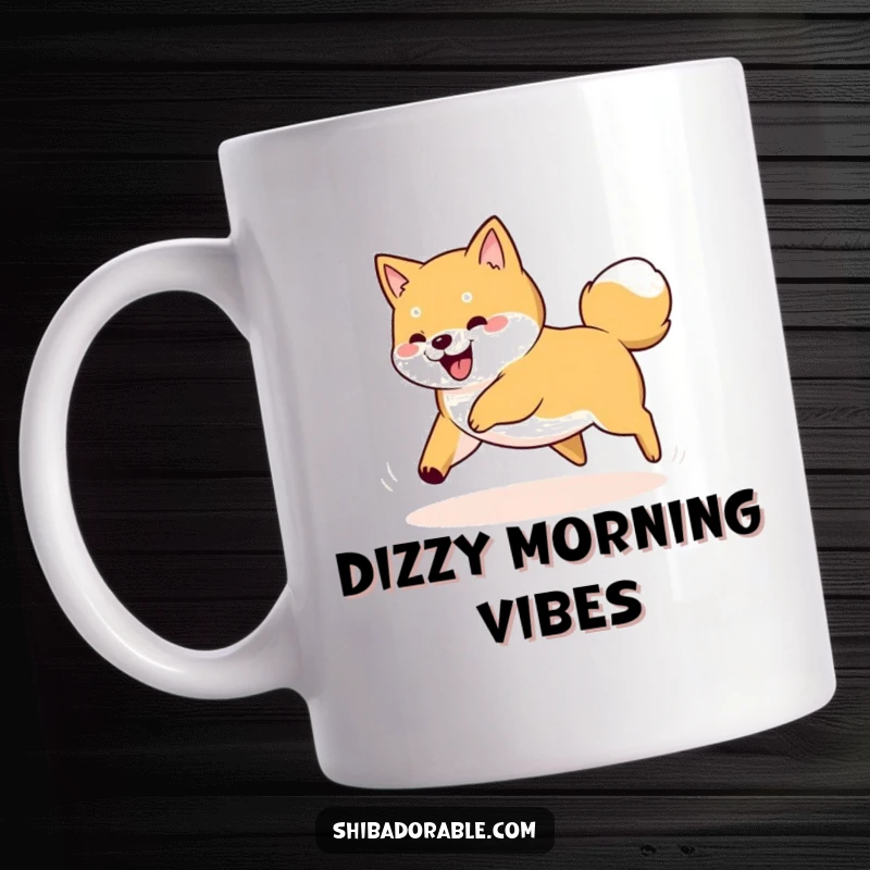 Funny Shiba Inu dog spinning in a circle, playfully chasing its own tail on a coffee mug.