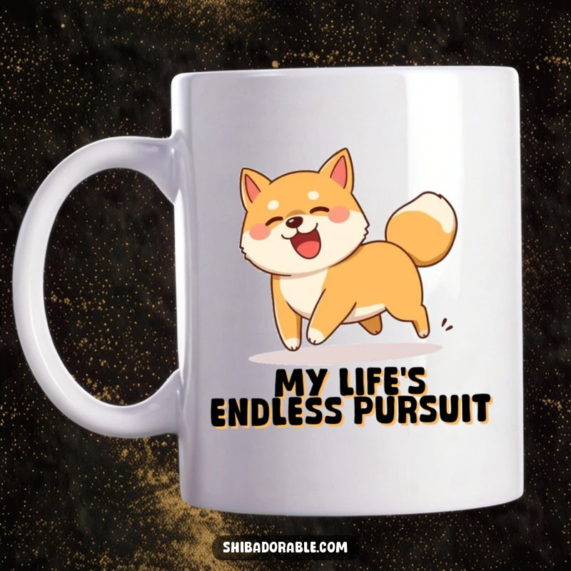 Funny Shiba Inu dog comically chasing its wagging tail in a dizzy circle, a hilarious pet mug.