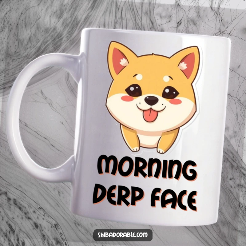 Funny Mug featuring a Shiba Inu dog with a silly expression, slightly sticking its tongue out in a mischievous way.