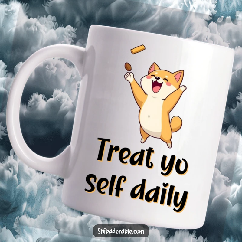 Funny, happy Shiba Inu dog leaping mid-air to catch a flying treat in its mouth on a mug.