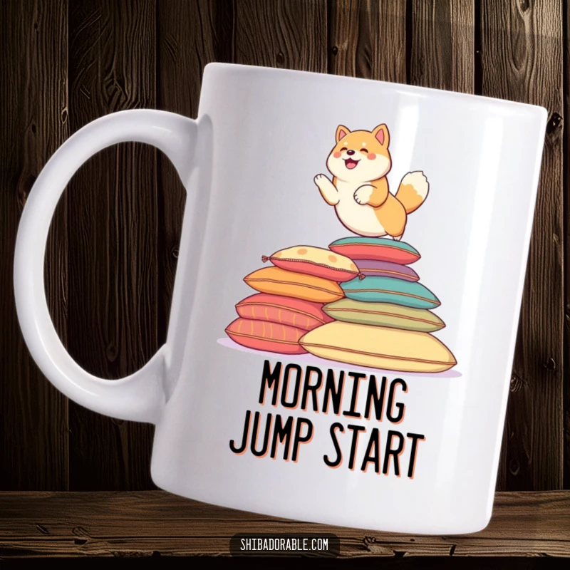 Funny Shiba Inu dog energetically leaping over a stack of vibrant, colorful cushions. A joyful mug.